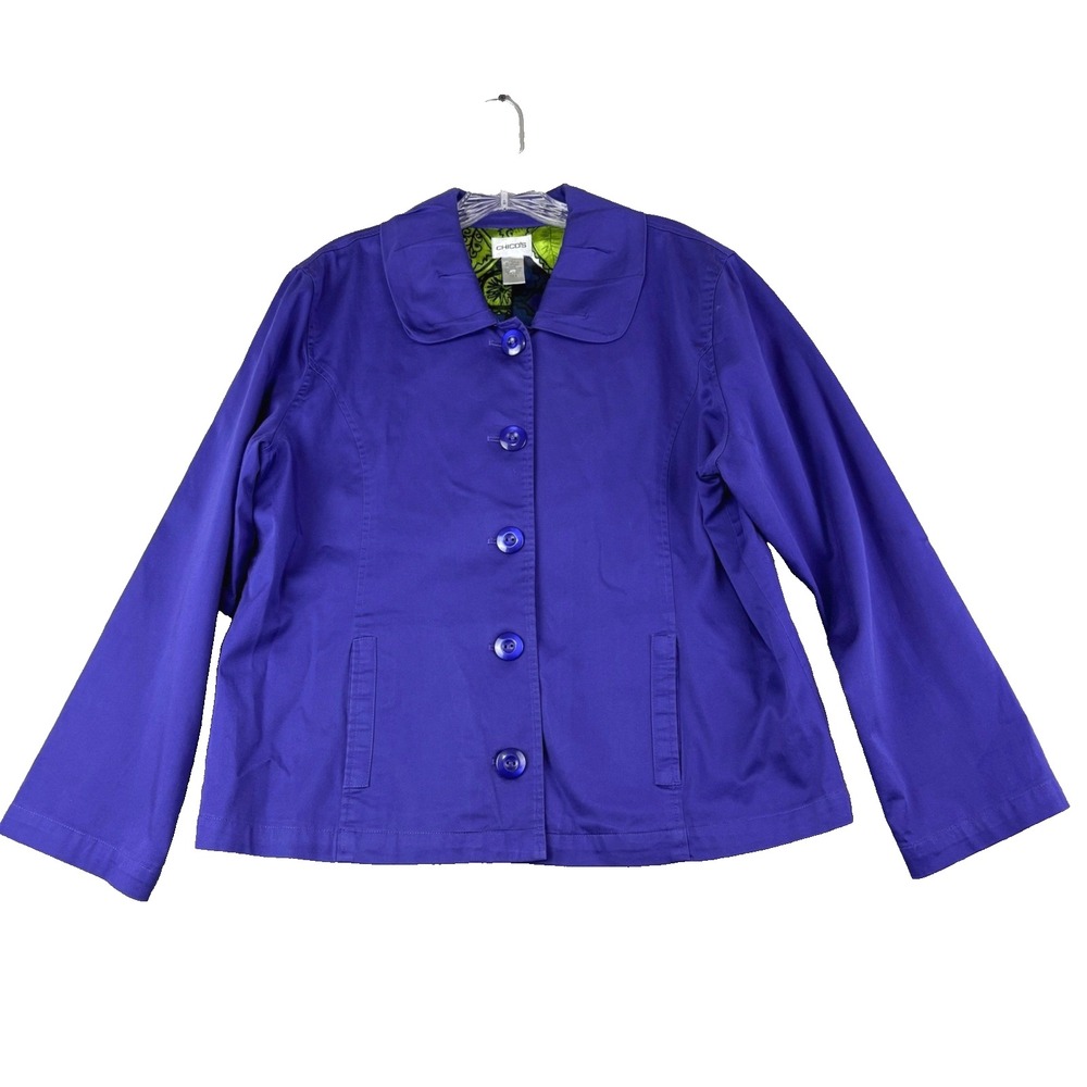 Chico's 2 US M Blue Button Front Jacket Portrait Collar Cotton Blend Classic